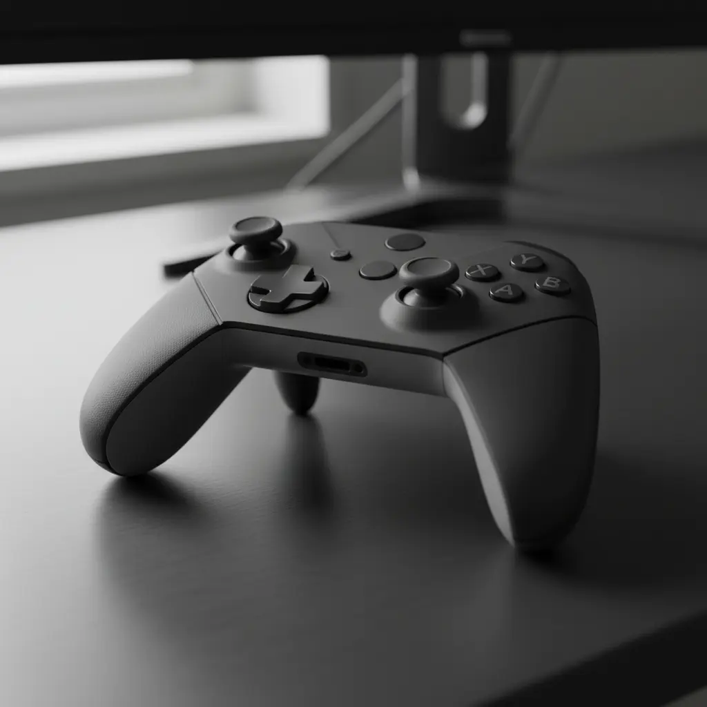 Game controller on dark metallic desk